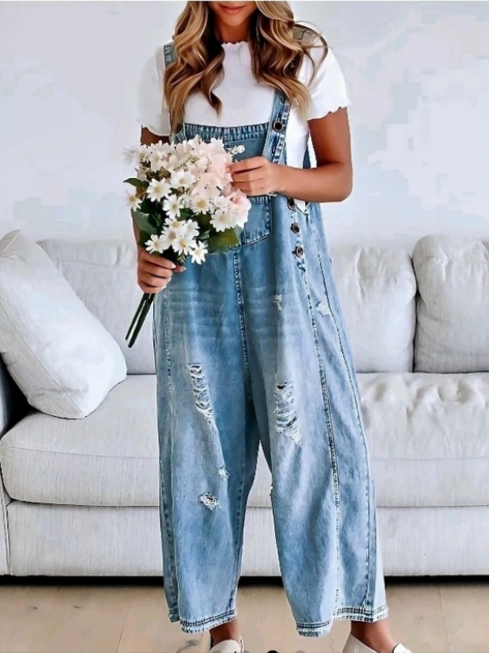 NEW Women's Cotton Distressed Wide Leg Denim Overalls Size Small